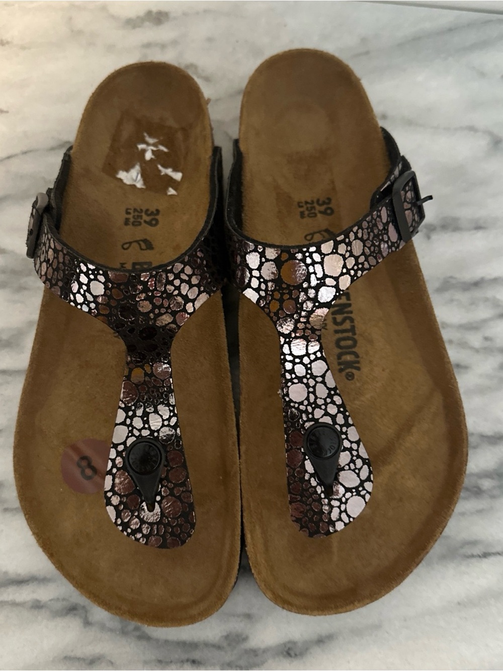 Birkenstock Gizeh Metallic Black and Pink Thong Sandals size EU 39 US 8 NWOB